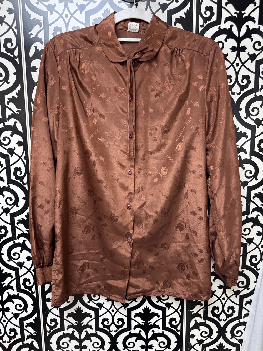 Women’s Vintage Satin-Finish Brown Floral Button-Up Shirt Small Size READ